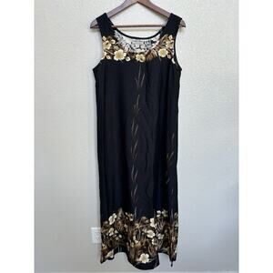 Royal Hawaiian Creations black brown tropical maxi dress sleeveless large beachy
